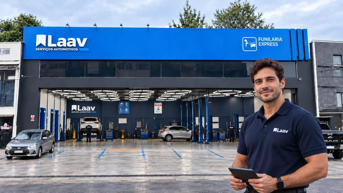 Cena ilustrativa de gestor com rosto visível e tablet diante da unidade Laav, preservando a fachada azul, o logotipo e a entrada ampla.