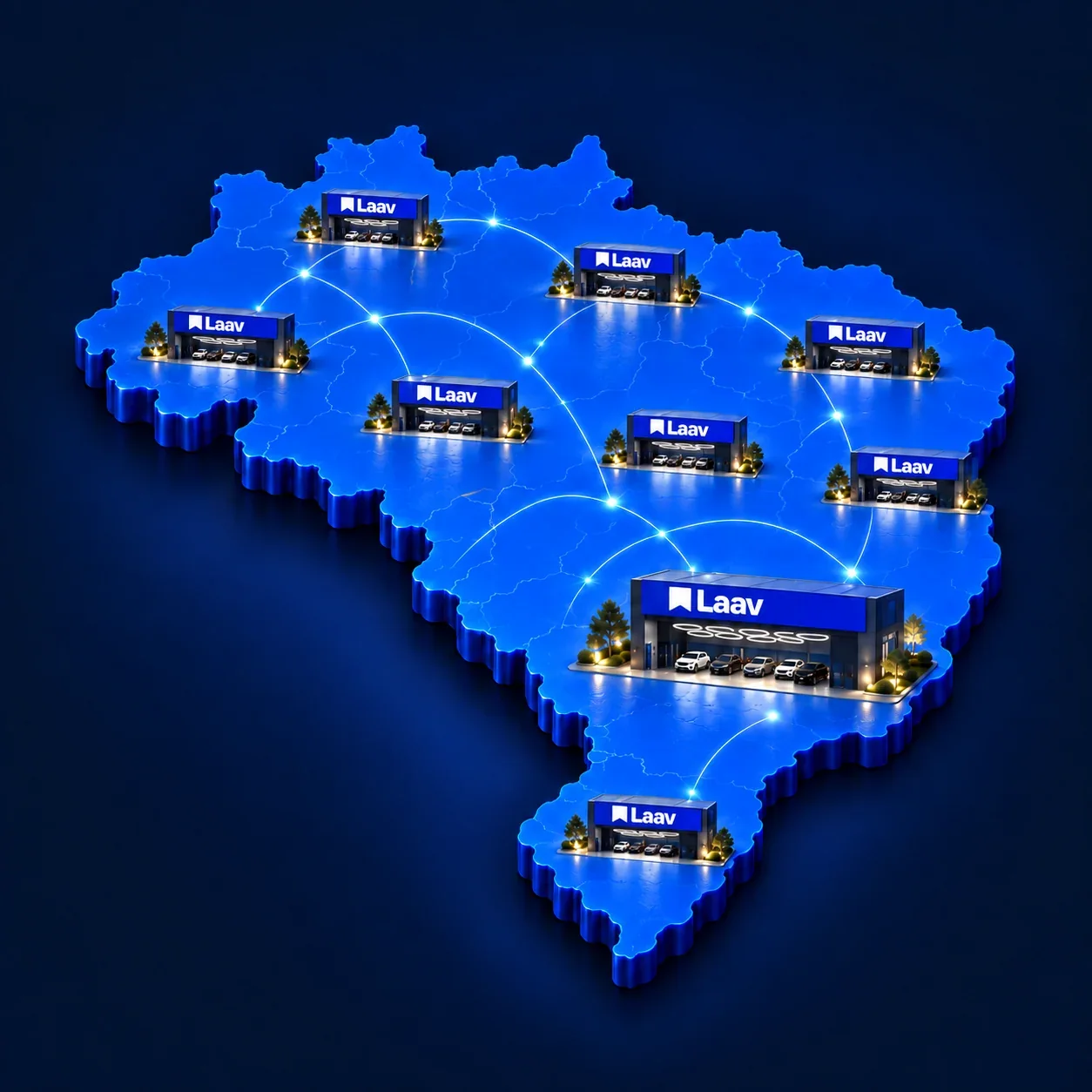 Ilustração conceitual do mapa do Brasil com uma rede de pequenas fachadas Laav conectadas. As posições das unidades são simbólicas.