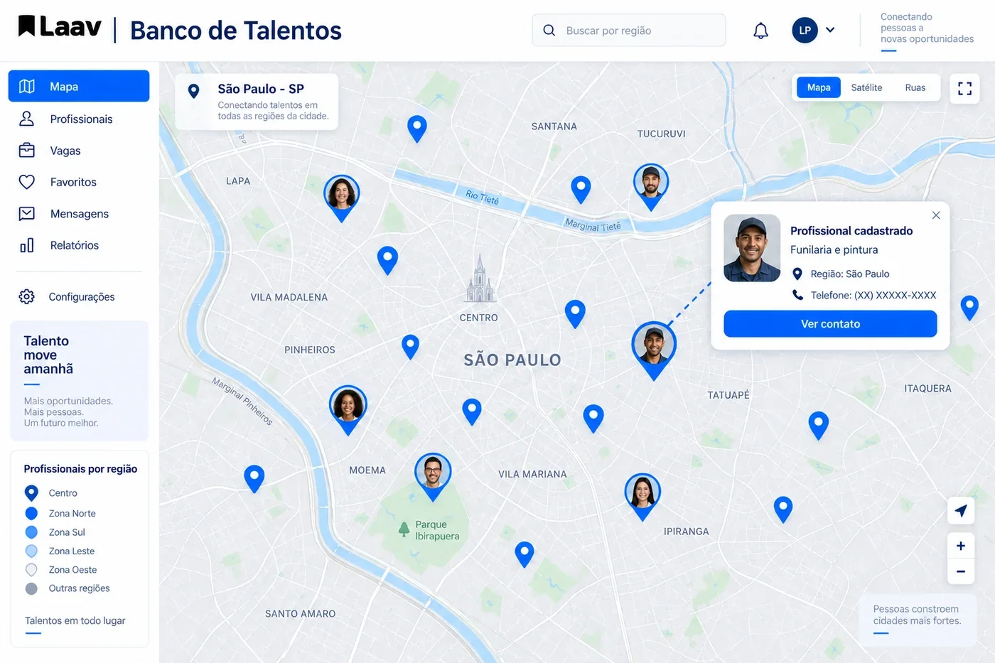 Representação ilustrativa do Banco de Talentos Laav: mapa com alfinetes de profissionais por região e um perfil aberto com especialidade e campo de telefone.