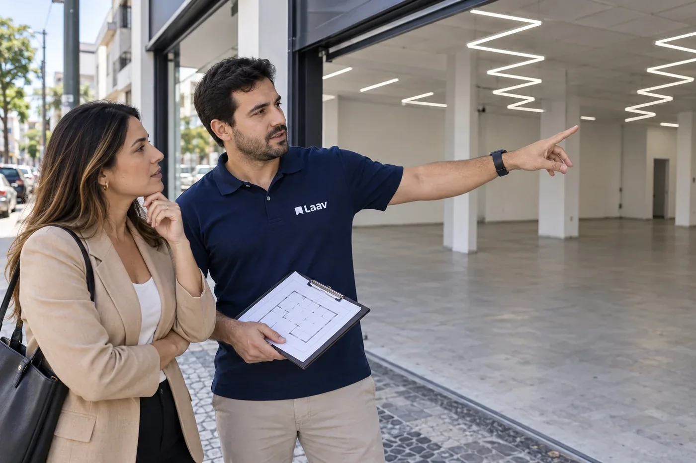 Cena ilustrativa: Consultor acompanha o candidato na visita a um imóvel comercial.