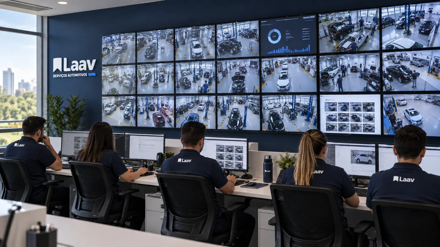 Simulação da central Laav com colaboradores e uma grande parede de monitores acompanhando oficinas, fotos de processos e indicadores.