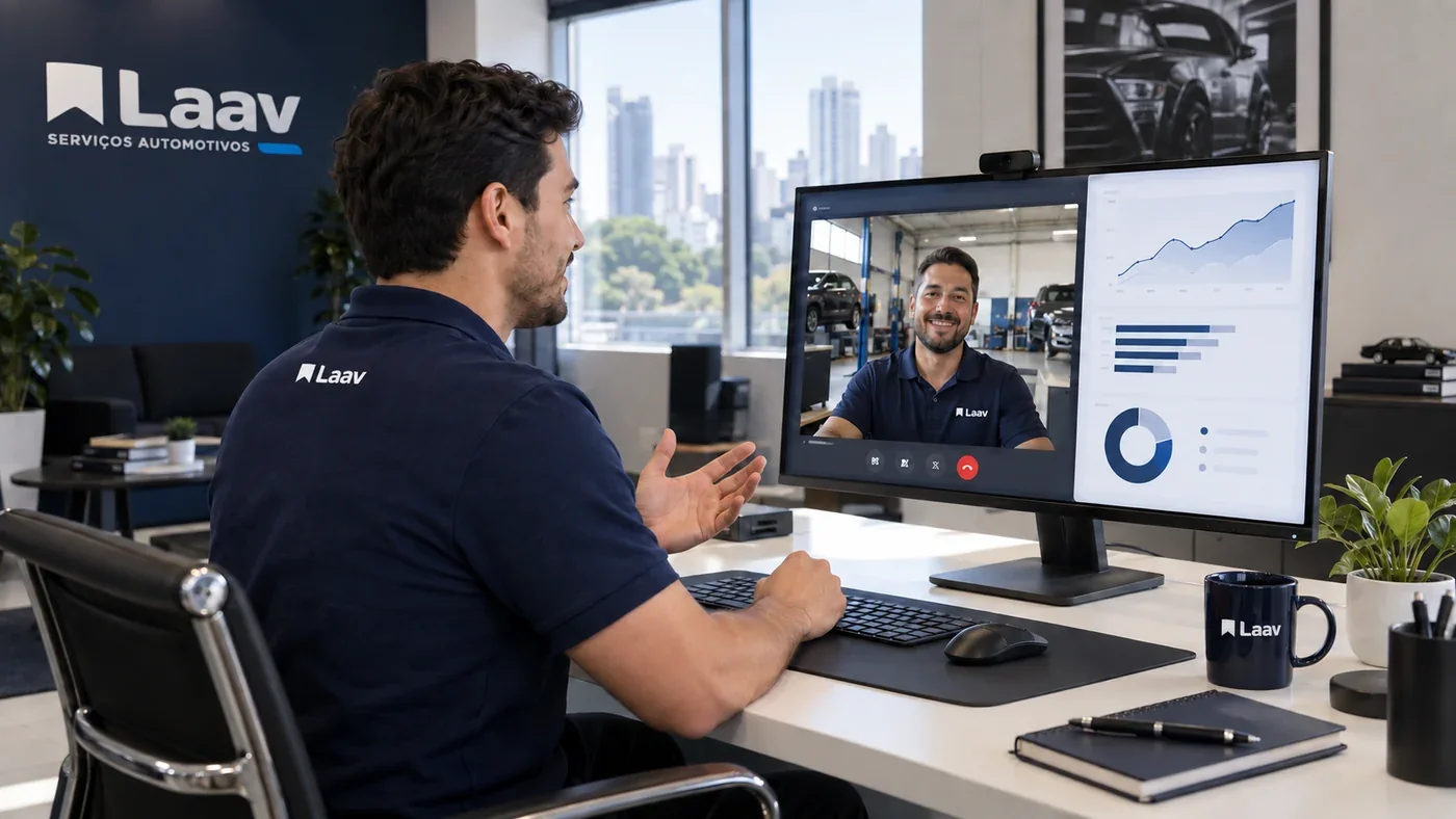 Cena ilustrativa de um consultor Laav em reunião online com um franqueado, acompanhando os indicadores da unidade.